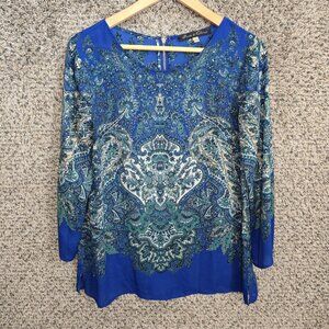 Rose & Olive Top Womens Small Blue Scoop‎ Neck Sheer Zip Blouse Ladies